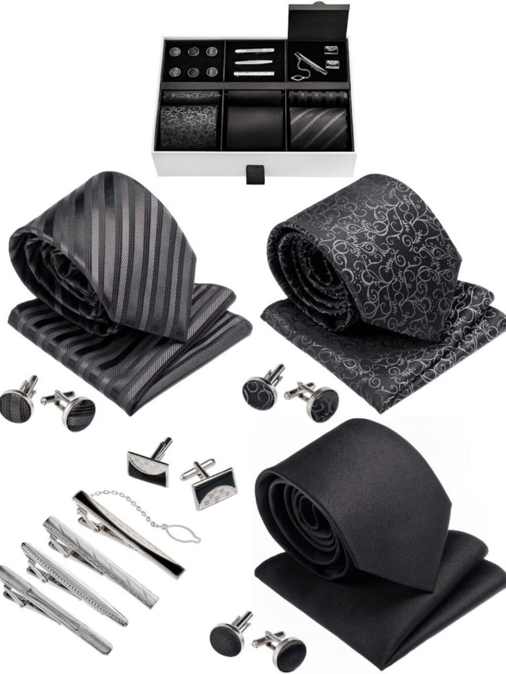 Stylish Men's Gift Tie Set - Silky Necktie, Pocket Squares, Tie Clips